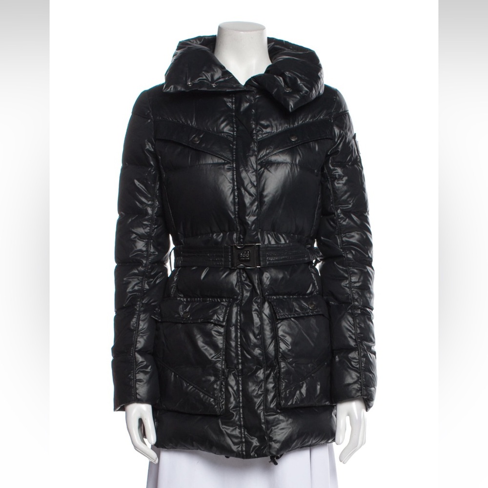 Add Down Black Quilted Puffer Jacket with Hood and Waist Belt
